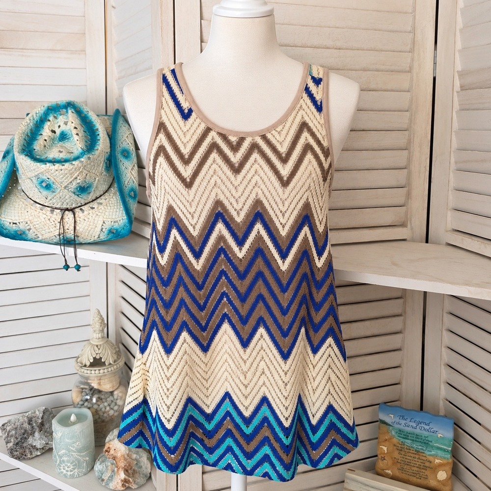 Sanctuary Women Small Blue Chevron Crochet Sleeveless Lined Boho Tank Top